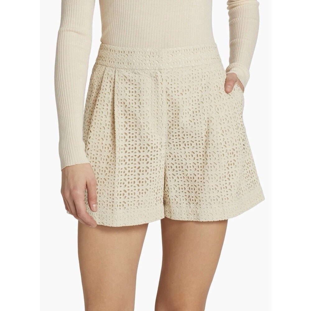 Theory Double Pleated Eyelet Lace Shorts Ecru Beige 100% Cotton Women’s Size 8